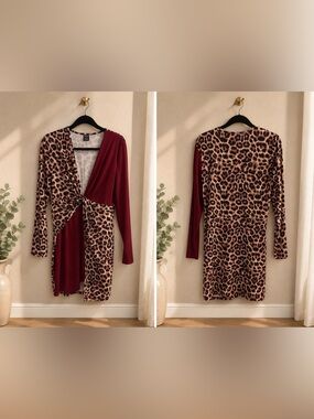 Leopard Print & Burgundy Twist Front Dress